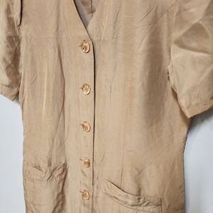 Vintage Silk Dress|Kahki Midi Dress|Button Up Dress|Short Sleeve Dress|Y2K